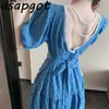 Asapgot Square Neck Puff Sleeve V Baklösa Klänning Kvinnor Sommar Slim Empire Midja En Linje Lace Up Blue Dresses Long Vestido 210610