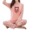 Kobiety Piżamy Zestawy Cartoon Heart Bear Bear z długim rękawem Homewear Damskie Damskie Lounge Sen Pajama Set Sexy Satin Sleepwear 210924