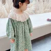 春の夏の女の子のドレス韓国風ロングパフスリーブフローラルかわいい人形襟の赤ちゃん子供子供の服210625