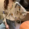 Корейский свободный повседневный V-образным вырезом женщин блузки три четверти рукава рубашка элегантные печатные цветочные топы блузка Blusas 10198 210512