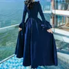 Bleu Rouge Vintage Solide Bouton Manches Longues Flare Maxi Robe Élégant Automne Printemps Chic À Volants D1444 210514