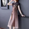중국 스타일의 드레스 여성을위한 긴 여름 2021 숙녀 개선 된 청사 인쇄 모조 실크 RV55 민족 의류
