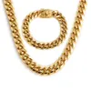 Miami Cuban Link Chains Uomo Donna Set di gioielli Collane Hip Hop Bracciali Acciaio inossidabile 316L Doppia chiusura di sicurezza Catenacci Curb 1,4 cm Largo 18 pollici-30 pollici 2 colori