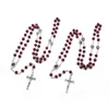Qigo Red Wood Rosary Cross Necklace Virgin Father Religious Ornament Baptismal Bead Chain
