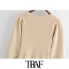 Women Fashion Flared Hem Knitted Sweater Vintage Square Collar Puff Sleeve Female Pullovers Chic Tops 210507