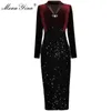 Mode Designer Dress Spring Women's Dress Långärmad Velvet Patchwork Sequins Package Hip Sexy Party Dresses 210524