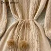 Jesień latarnia rękawa dzianiny suknia kobieta o-neck lace-up sweter sukienka vestido kobieta zima morel elegancki długie dzianiny odzież Y1204