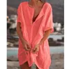 Jocoo jolee femmes lâche rond cou rond solide demi-manches boutons d'été blouse décontractée de base t-shirts plage dame plage plus taille 210619
