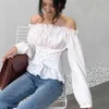 Vintage Bahar kadın Bluzlar Slash Boyun Seksi Rahat Katı Beyaz Bluz Femme Ruffles Uzun Kollu Kadın Gömlek Tops 13320 210508