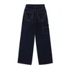 Pantaloni larghi in denim Jeans a gamba larga retrò con design cucito da donna Streetwear Relax Pantaloni BF dritti giapponesi blu scuro 210515