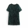 BLSQR Fashion Kwastels Lovertjes Mini Jurk Dames Vintage O-hals Korte Mouw Vrouwelijke Es Chic Green Vestidos 210430