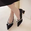 Rimocy Elegant Ladies Pearl Pointed Toe Pumps Spring Summer Comfortable Med Heels Shoes Woman Red Black Wedding Dress 210528