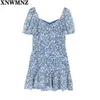 女性のドレスシフォンフリル女性のドレス羊の服ヴィンテージ柔らかい青い花のプリントドレスファッションRuched Vestidos 210510
