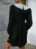 Vintage peter pan collar black women lace dress Puff sleeve v-neck smock mini dresses A-line high waist loose vestidos 220125