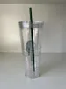 24oz Starbucks Mermaid Mug Tumblers Transparent dubbelskikt Plastisk återanvändbar kopp med lock och Straw308g