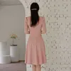 Pleated Casual Tunic Dress Pink Women Slim A-Line Spring Half Sleeve Ladies Office Elegant Party es 210529