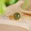 Natural Hetian Green Jade Anel S925 Sterling Silver Silver Inlake Fashionable Hollow Esculpido Elegante Fine Jewelry K0042