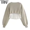 Kvinnor Fashion Top With Bemraps Patchwork Cropped Stickad Sweater Vintage O Neck Långärmad Pullovers Chic Toppar 210507