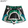 Zevity kvinnor vintage kontrast tropiska löv print bermuda shorts kvinnlig chic spets upp elastisk midja pantalone cortos p1147 210625