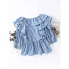 Elegant a-line ruffled beskuren blus sommar halv ärm tryckt söt stil tjejer kort skjorta blus 210521