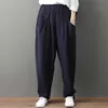 6635 Kobiety Casual Spodnie Solidne Kolor Klasyczna Vintage Bawełniana Pościel Wygodne Elastyczne Paist Kieszenie Luźne Biuro Lady Spodnie 210707