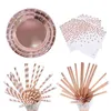 Wegwerpbedrijf Rose Gold servies Party Supplies borden Cups Stro -servetten voor bruiloft Verjaardag Baby shower Decoratie