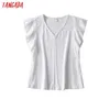 Tangada Women White Cotton T Shirt Ruffles Short Sleeve V Neck Tees Ladies Casual Tee Shirt Street Wear Top AI82 210609