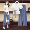 Plus size trousers suit women's summer 2021 new Korean version of loose tie casual tops high waist wide leg pants two-piece suit Y0625