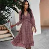 Boho Summer Dr2021 Ruffles Print V Neck Chiffon Midi DrWomen Wrist Flare Sleeve Empire Holiday Beach Dresses For Women X0529