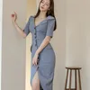 Women Wrap Dress Striped Lace Up Bow Single-breasted Cotton and Linen Short Sleeve Casual High Waist Dresses 210603