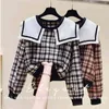 Automne Hiver Hoodies Poupée Col Dames Sweatershirts Femmes Lâche Coréen Court Plaid Top UK172 210507