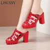 LISUNNY Toe Slippers High Peep Heels Slides Patent Leather Women Shoes Summer 2021 Buckle Platform Ladies Office Party