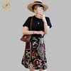 Plus Size Women Clothing 2 Piece Set Beaded Black T-Shirt+High Waist Mesh Embroidery Skirt For Summer Suit 210520