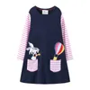 Jumping meters Long Sleeve Princess Girls Cotton Dresses Animals Applique Pockets Children Autumn Spring Clothes Unicorn 210529