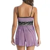 Women's Sleepwear 2Pcs Women V-Neck Lingerie Lace Babydoll Mesh Chemise Nightwear Outfits Purple