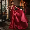 Красные формальные вечерние платья русалки с бисером кружева сексуальные явные длинные рукава Ruched Atin Pronsway Prom Pretion Party Pretions