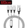 Cabos de carregamento 3 em 1 de 1,2 m para huawei lg samsung note20 s20 micro usb tipo c com plugue de cabeça de metal saco opp