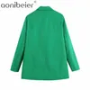 Zomer casual groene blazers mode gekerfd kraag flap zak dubbele breasted vrouwen lange tops kantoor dame pak jas 210604