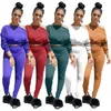 Omsj desportivo casual dois pedaços conjuntos de manga comprida sólida slim cortiça topo e calças mulheres combinando traksuits outono outfits outono 210517