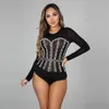 Mesh Sheer Bodysuits Sexiga Tight Body Suit Toppar Kvinnor Långärmad Se genom Bodycon Rompers Diamond Jumpsuits 210604