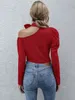 Sexig One Shoulder Red Blouse Shirt Women Fashion Bownot Choker Toppar Höst Vinter Kvinna Puff Sleeve 210427