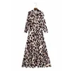 Décontracté femme longue camel léopard drapé chemise robe printemps mode dames doux imprimé robes femme Vintage 210515