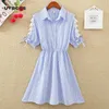 Vestido despojado azul magro cintura alta mulher vestido de verão poliéster moda elegante camisas de trabalho de manga curta mini 210712