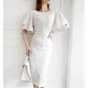 Vestido de fiesta elegante de verano blanco pequeño vestido de encaje sexy de cintura alta manga de mariposa hasta la mitad de la pantorrilla vestido de mujer de oficina 210325