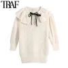 Women Fashion With Faux Pearls Knitted Sweater Vintage Bow Tie O Neck Puff Sleeve Female Pullovers Chic Tops 210507