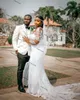 Arabiska Aso Ebi Lace Mermaid Bröllopsklänningar 2021 Afrikansk Nigerian Sheer O-Neck Långärmad Trädgård Täckt Knappar Brudklänningar Robe de Mariée