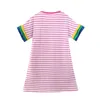 Hoppmätare Stripe Summer Barnkläder med fågelapplikation Söt amerikansk stil Bomull Princess Tjejer Klädkläder 210529