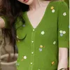 Koreanska mode is silke v-neck kort knit cardigan kortärmad t-shirt kvinnor sommar högkvalitativa topp damkläder 210520