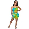 2020 Women Two Pieces Sets Summer Tracksuits Strap Tie-dye Print Tops+Jogger Shorts Suit Club Leggings Sexy Fitness Outfit GL122 X0428