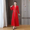 Kobiety Causal Sukienka Wiosna Jesień Odzież Elegancki Styl Etniczny Kostium Z Długim Rękawem Czerwony Haftowany Vintage Wietnam Ao Dai Suknia